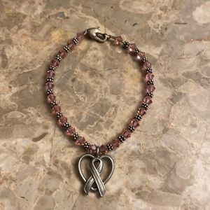 Silvertone pink Austrian Crystal breast cancer awareness ribbon Bracelet w Charm
